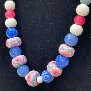Pink and blue gorgeous necklace, glass beads and wooden beads 12 inches long